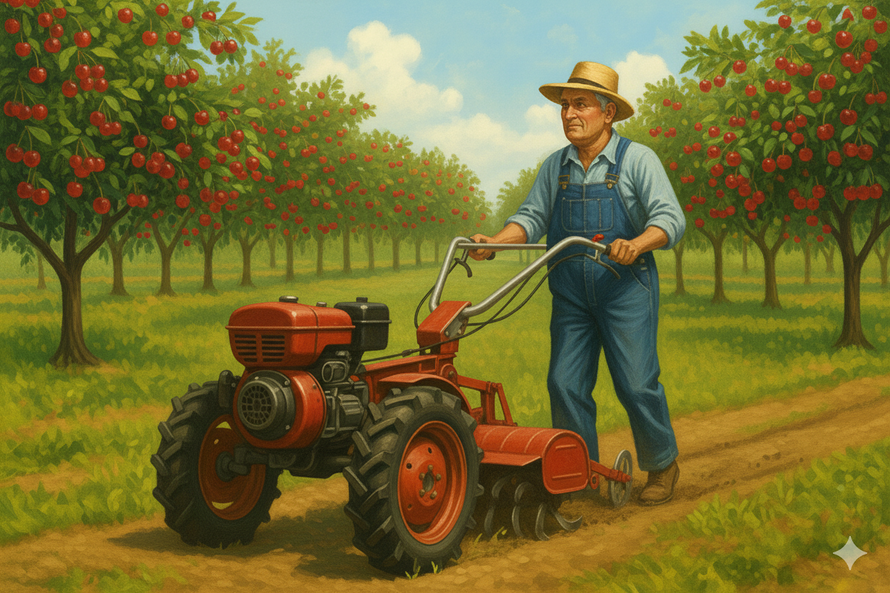 Egy farmer egytengelyes traktorral dolgozik egy narancsligetben.